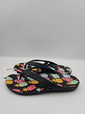 CROCS Black Flip Flop Sandals with Multicolor Pineapple Print